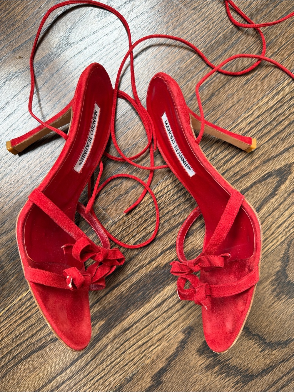 MANOLO BLAHNIK Vintage Y2K Suede Lace-Up Wrap Sandals Heels Bow Detail 39 8-8.5